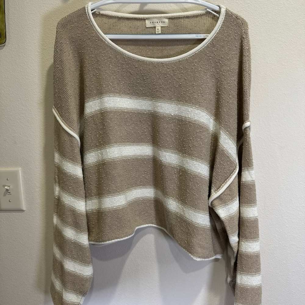 Promesa Beige and White Striped Crew Neck Sweater